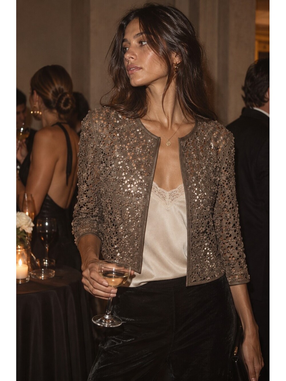 Per Se Perforated Leather Floral Cardigan